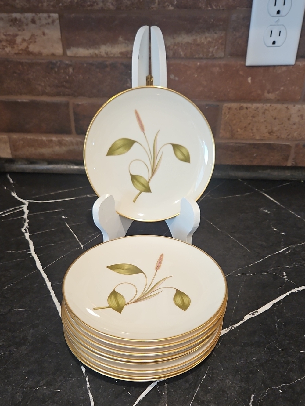 Franciscan White Dessert Plates with Green Leaf Design and Gold Rim